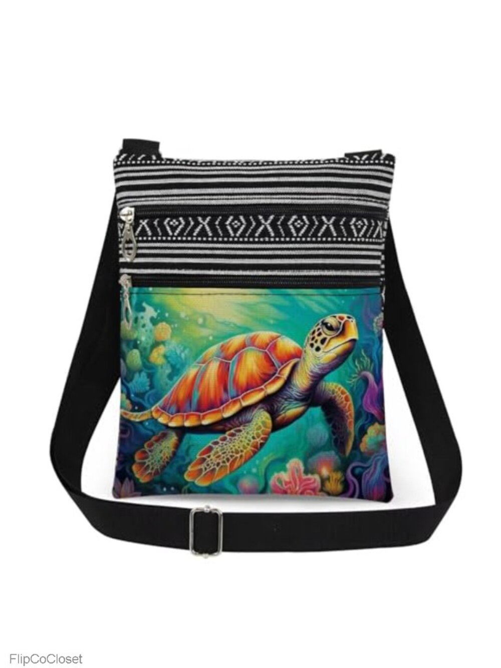 Polyester Turtle Crossbody Bag Adjustable Strap Double Zipper Sling